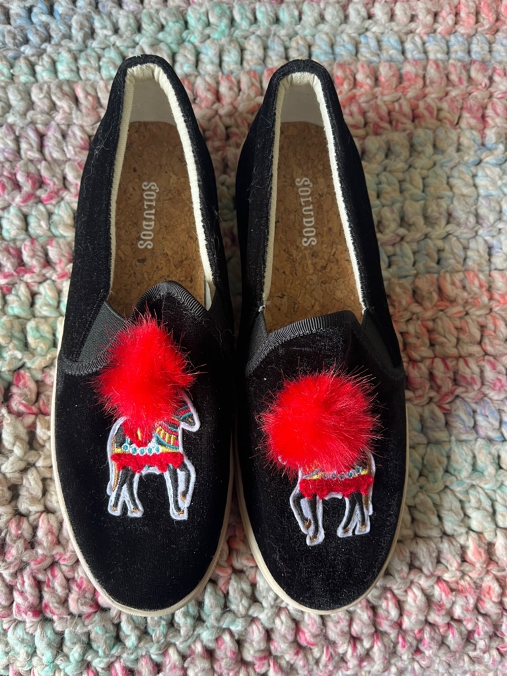 Soludos Black Velvet Slip-Ons with Red Pom Embellishment